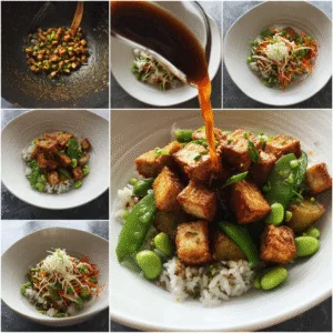 High-Protein Tofu and Edamame Potato Stir-Fry Bowl with crispy tofu, colorful vegetables, and sesame seeds in white bowl