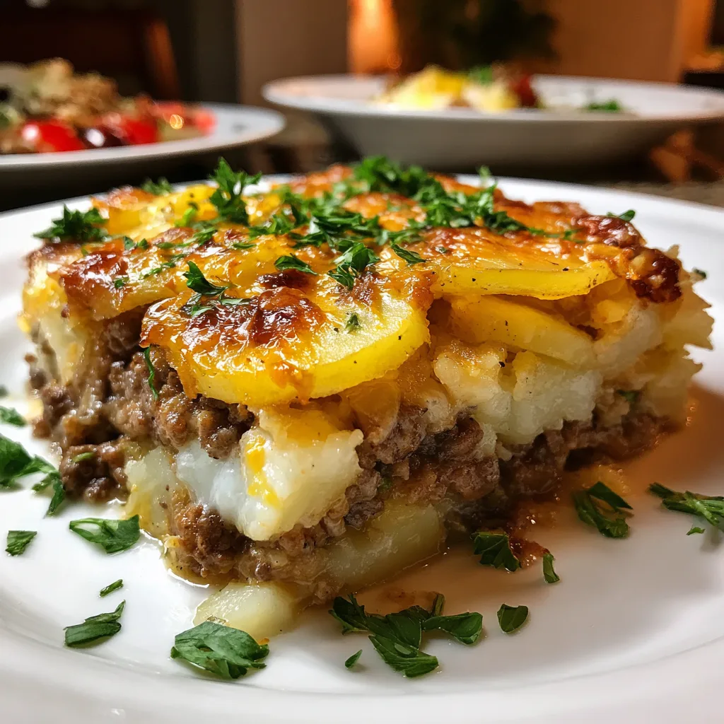 Lean Beef and Cauliflower Rice Potato Casserole 2 Lean Beef and Cauliflower Rice Potato Casserole in white baking dish with golden potato topping
