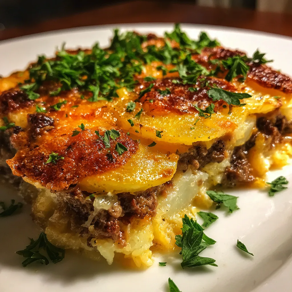 Lean Beef and Cauliflower Rice Potato Casserole in white baking dish with golden potato topping