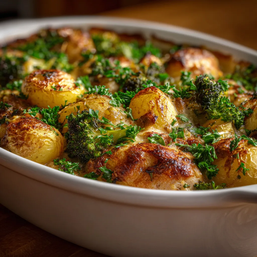 Lean chicken breast and broccoli potato bake with melted cheese in white baking dish