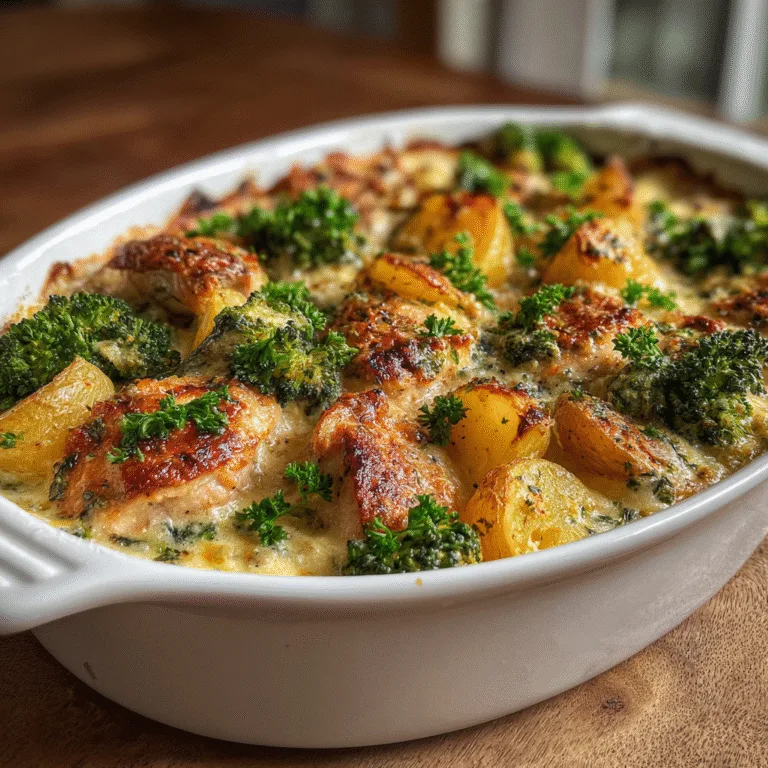 Lean chicken breast and broccoli potato bake with melted cheese in white baking dish