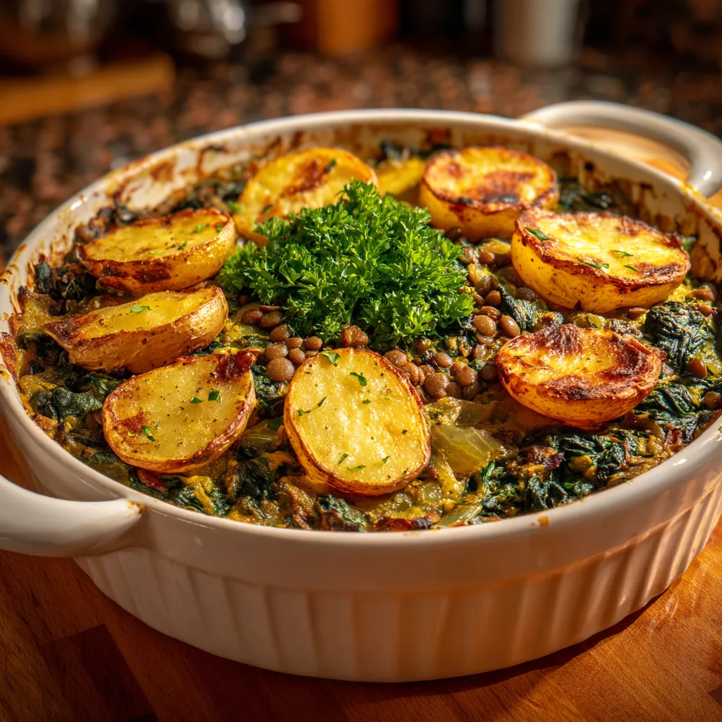 Lentil and spinach casserole with roasted potatoes in white casserole dish