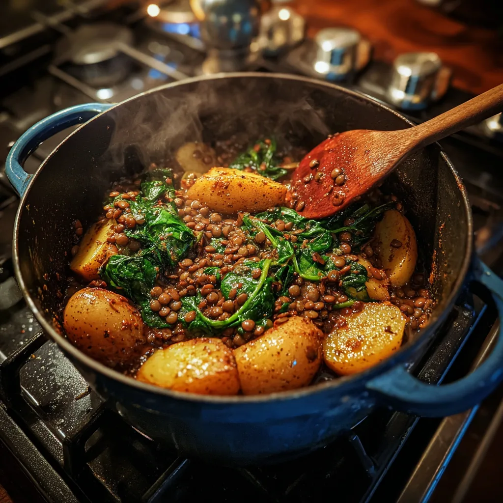 Lentil and spinach casserole with roasted potatoes in white casserole dish