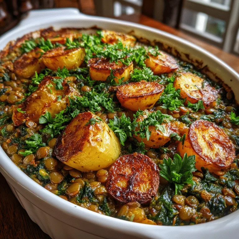 Lentil and spinach casserole with roasted potatoes in white casserole dish
