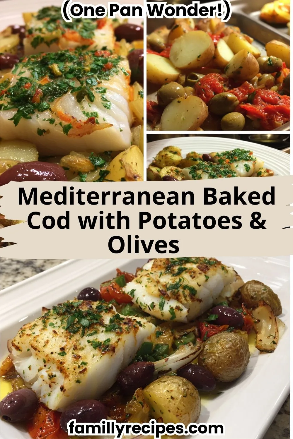 	Mediterranean Baked Cod with Roasted Potatoes and Olives on baking sheet with golden vegetables and fresh herbs