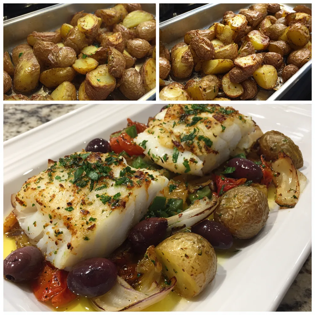 Mediterranean Baked Cod with Roasted Potatoes and Olives – Light & Flavorful