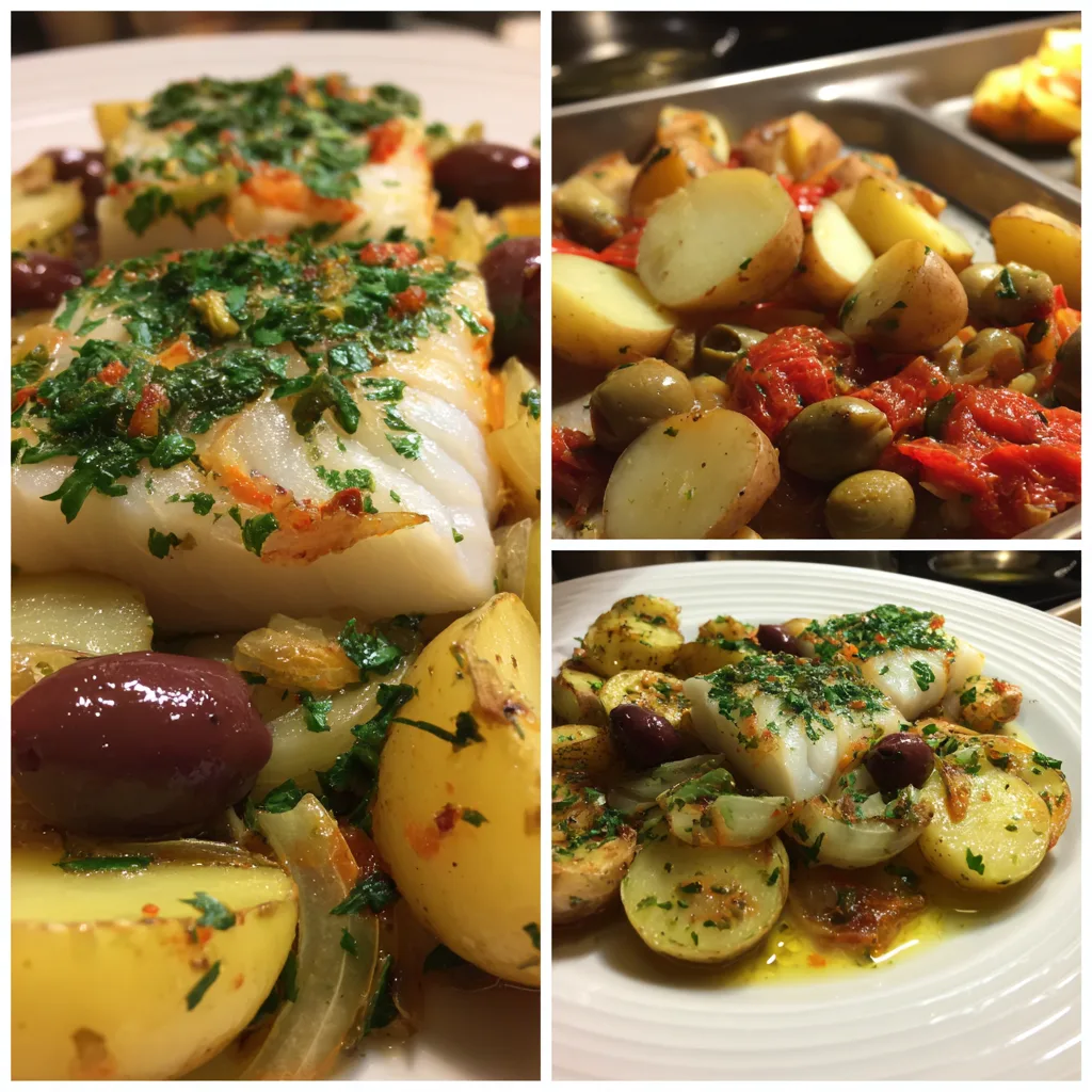 Mediterranean Baked Cod with Roasted Potatoes and Olives on baking sheet with golden vegetables and fresh herbs