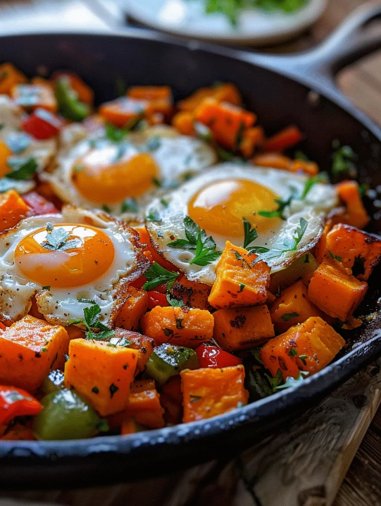 One-pan sweet potato breakfast hash with eggs in cast iron skillet, garnished with fresh herbs