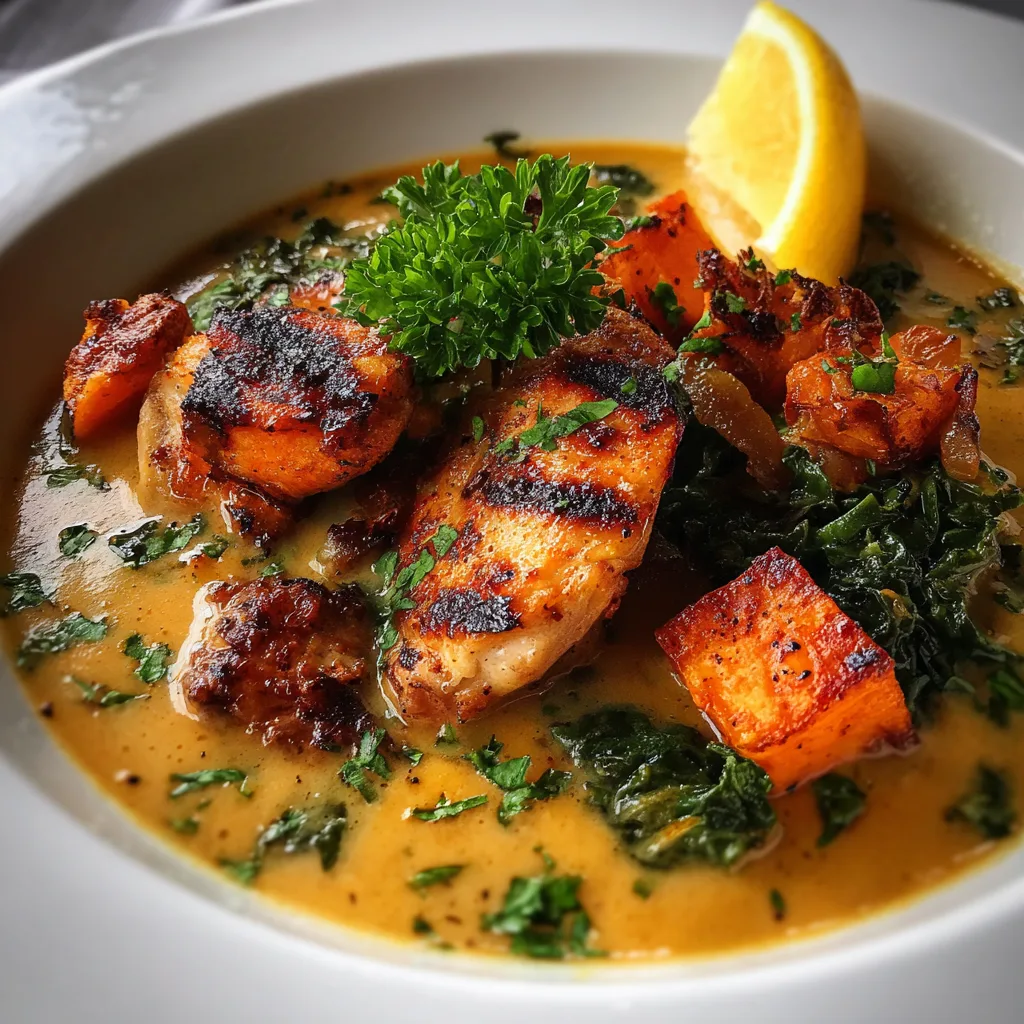 One pot creamy sweet potato and kale soup with coconut cream and pumpkin seeds
