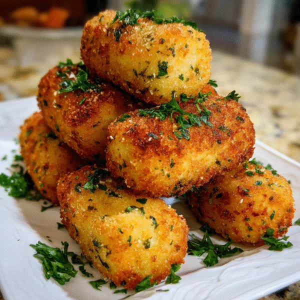 Parmesan herb potato croquettes served on a white platter with dipping sauce