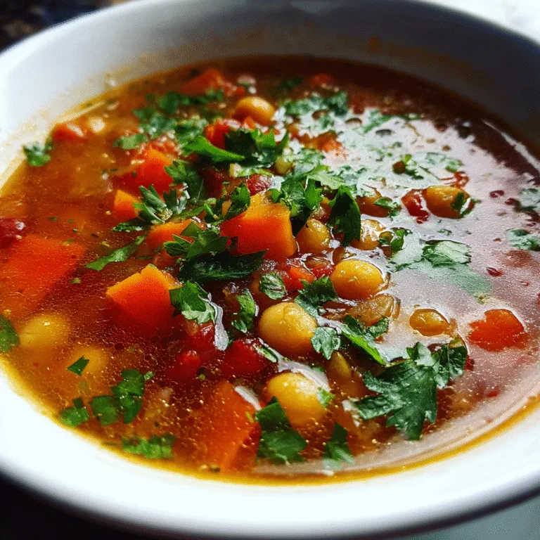 A close-up of a bowl of quick Moroccan chicken dinner, showing a brothy stew with chickpeas, diced carrots, and fresh parsley.