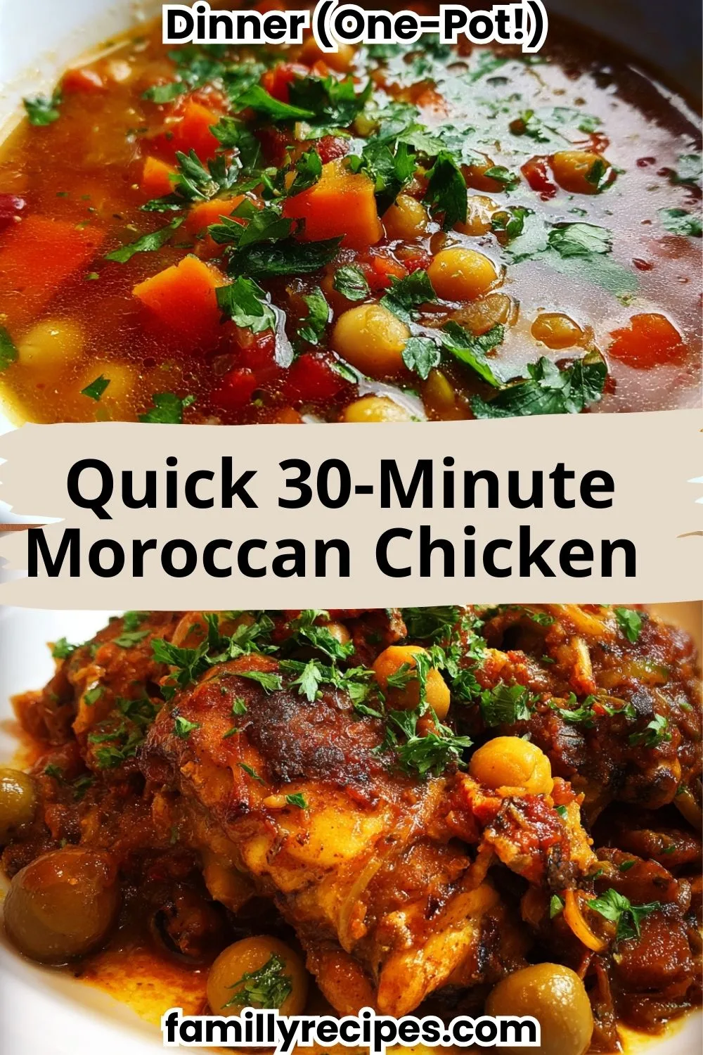 A close-up of a bowl of quick Moroccan chicken dinner, showing a brothy stew with chickpeas, diced carrots, and fresh parsley.