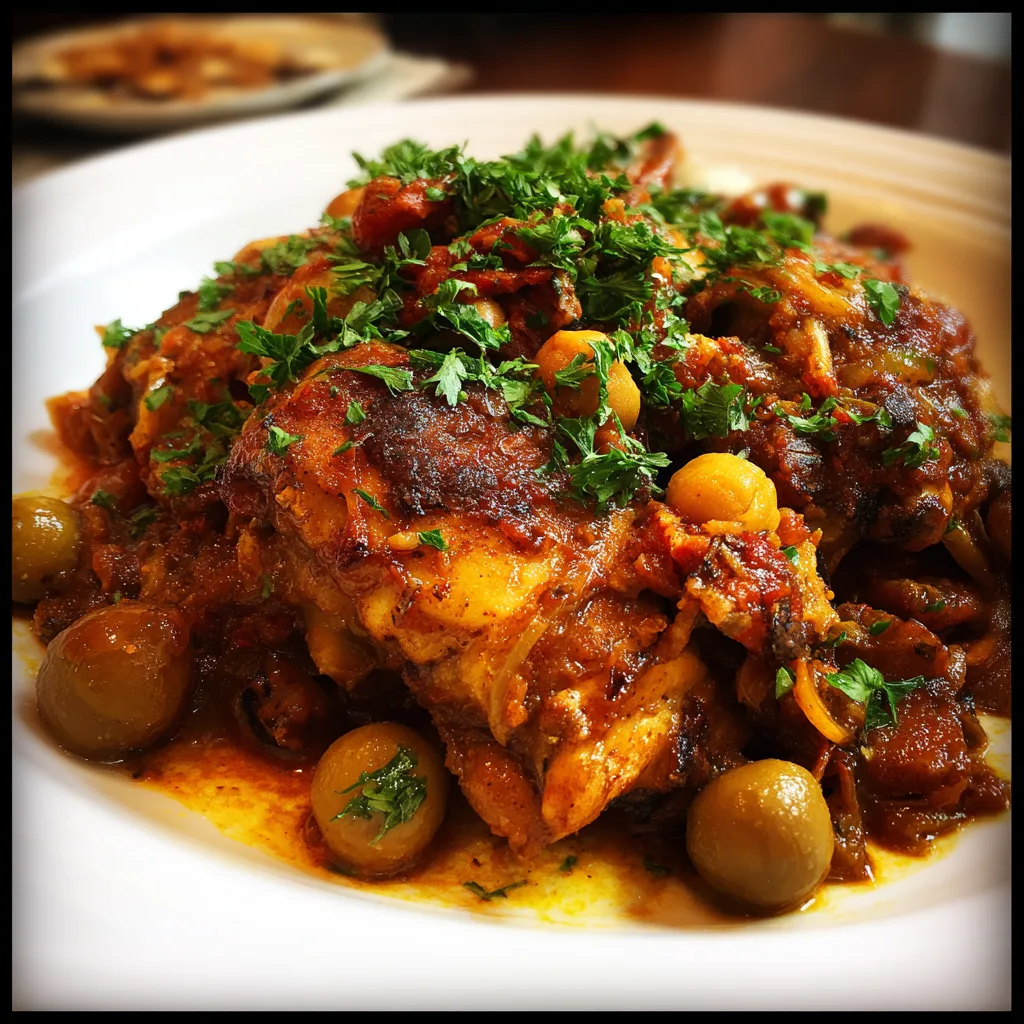 Quick Moroccan Chicken Dinner in One Pot (2) A close-up of a bowl of quick Moroccan chicken dinner, showing a brothy stew with chickpeas, diced carrots, and fresh parsley.