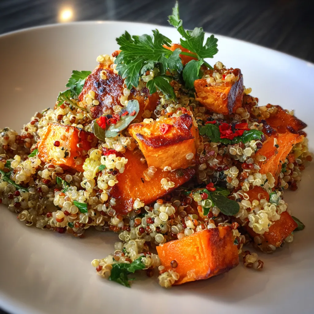 Quinoa and roasted sweet potato salad with fresh vegetables and tahini dressing in white bowl
