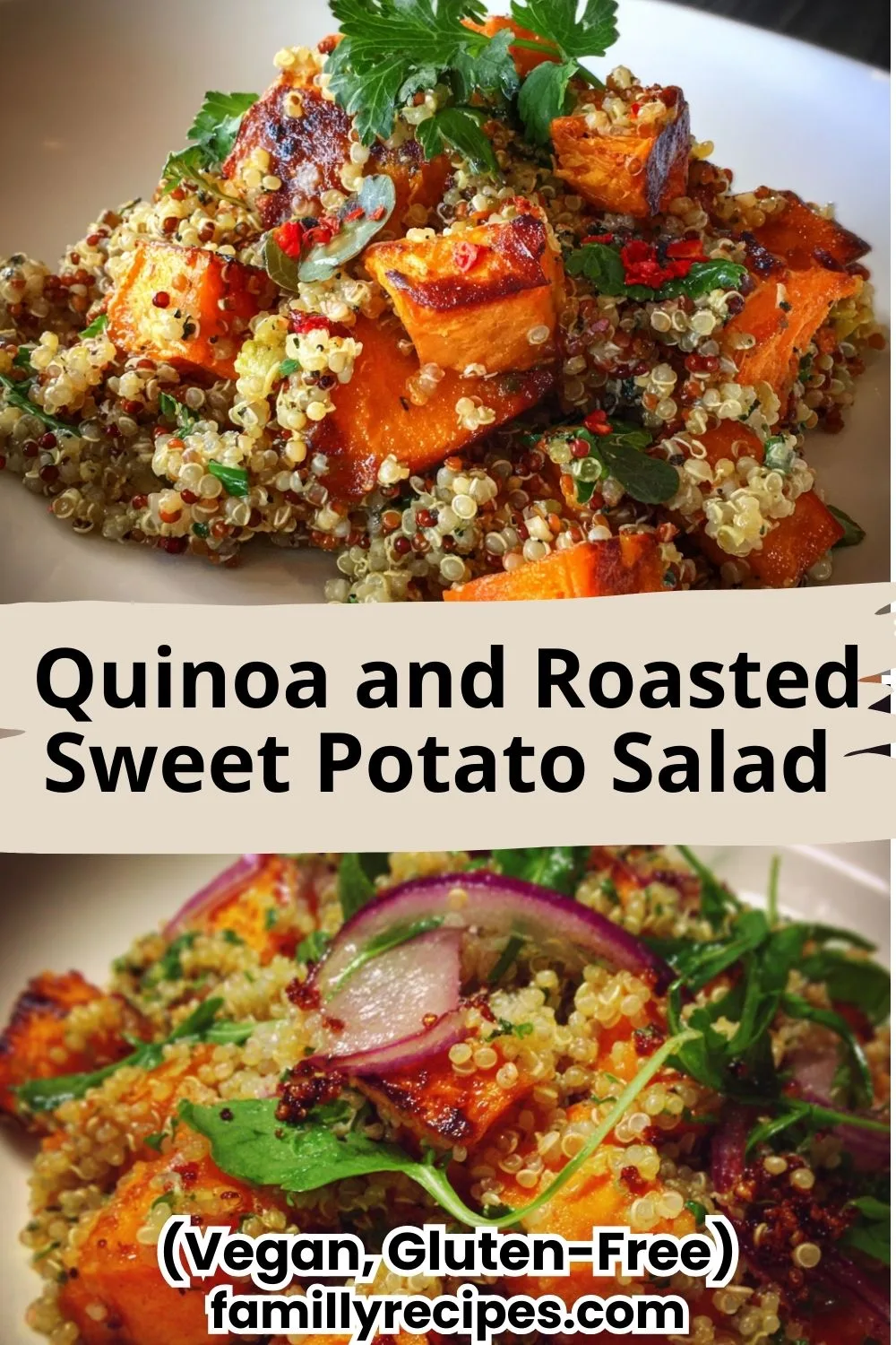 Quinoa and roasted sweet potato salad with fresh vegetables and tahini dressing in white bowl