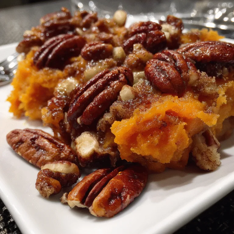 Sweet Potato Casserole with Pecans : Baked sweet potato casserole with brown sugar pecan topping in a white dish.