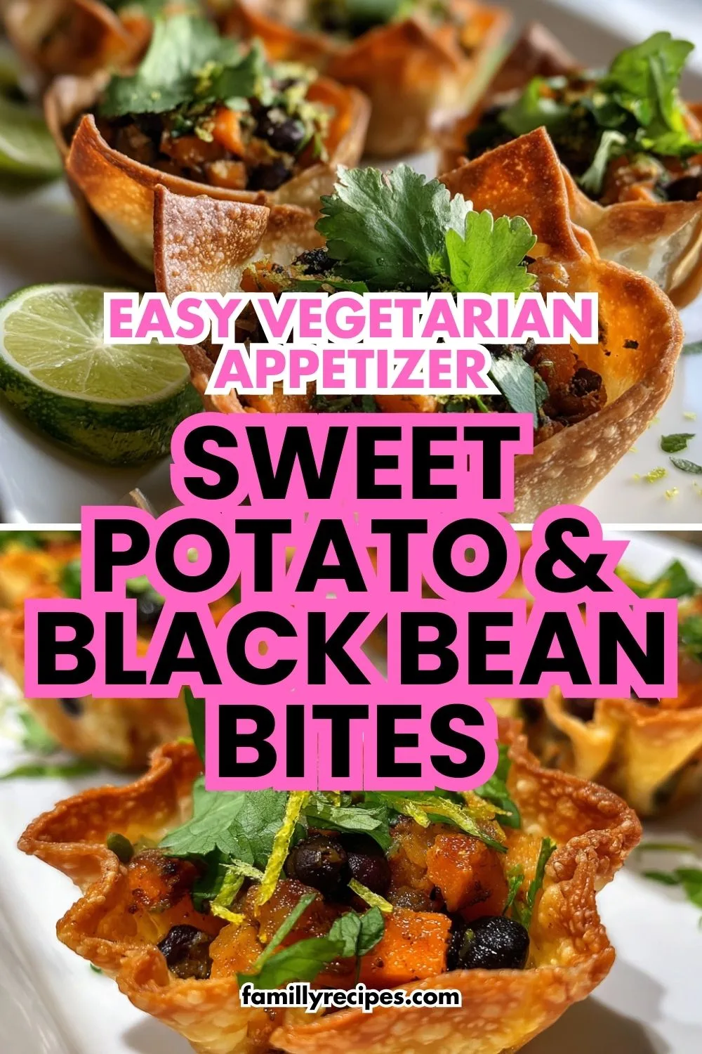 Sweet potato and black bean appetizer cups in wonton shells with cilantro garnish