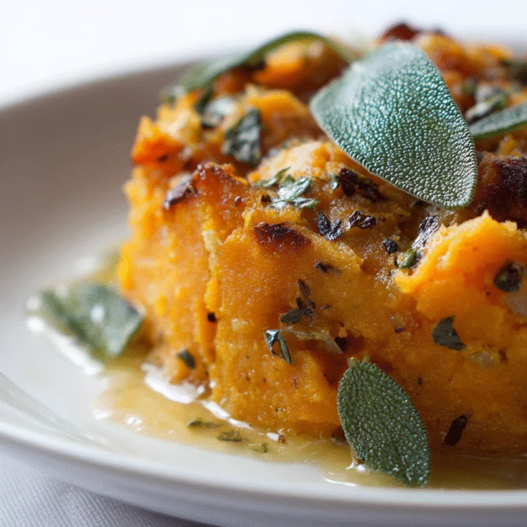 Roasted sweet potato and sage dressing with apples and pecans in a baking dish.