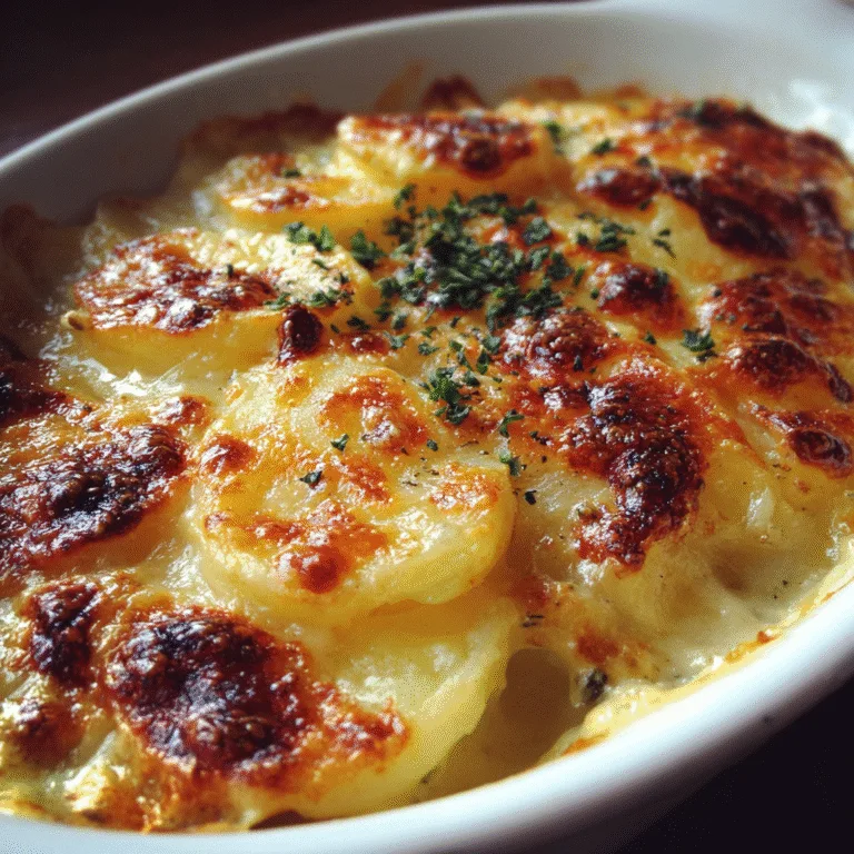 Traditional scalloped potatoes baked golden brown in a white casserole dish.