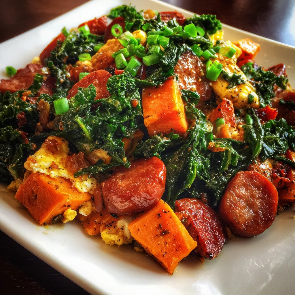 Turkey sausage and kale sweet potato hash in cast iron skillet with fried eggs on top