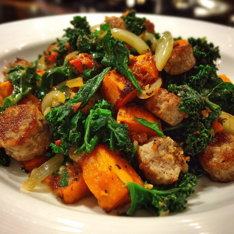 Turkey sausage and kale sweet potato hash in cast iron skillet with fried eggs on top