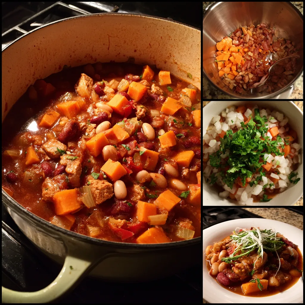 Plated Turkey and White Bean Sweet Potato Chili in white bowl garnished with cilantro and sour cream