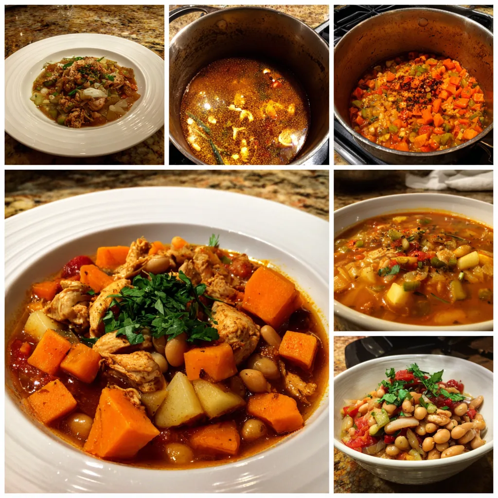 Plated Turkey and White Bean Sweet Potato Chili in white bowl garnished with cilantro and sour cream