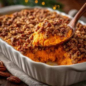 Vegan sweet potato casserole with pecan crumble topping in a white baking dish