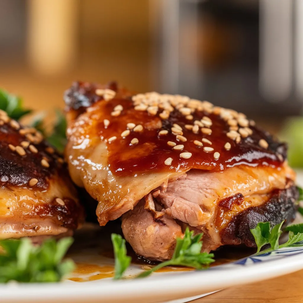 Air fryer BBQ chicken thighs with perfectly crispy golden brown skin, caramelized BBQ sauce glaze, garnished with fresh parsley