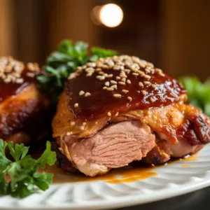 Air fryer BBQ chicken thighs with perfectly crispy golden brown skin, caramelized BBQ sauce glaze, garnished with fresh parsley