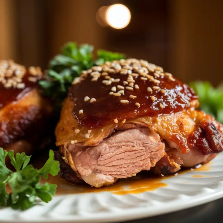 Air fryer BBQ chicken thighs with perfectly crispy golden brown skin, caramelized BBQ sauce glaze, garnished with fresh parsley