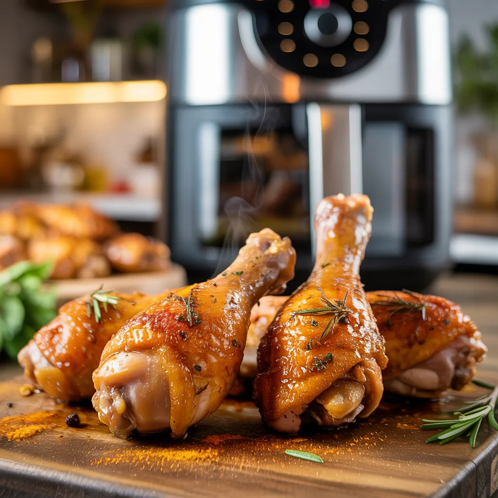 Air Fryer Chicken Drumsticks (Kid Favorite) (2) Golden crispy air fryer chicken drumsticks on white serving plate with seasoned skin