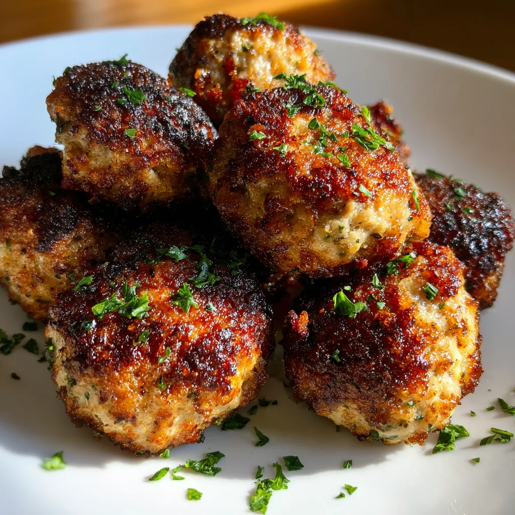 Air fryer meatballs golden brown and juicy on white serving plate