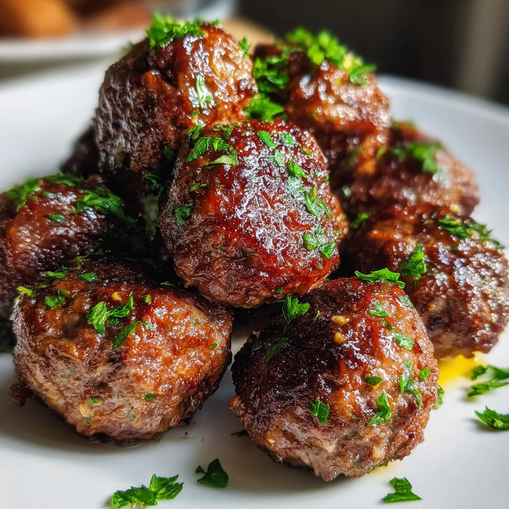 Air fryer meatballs golden brown and juicy on white serving plate
