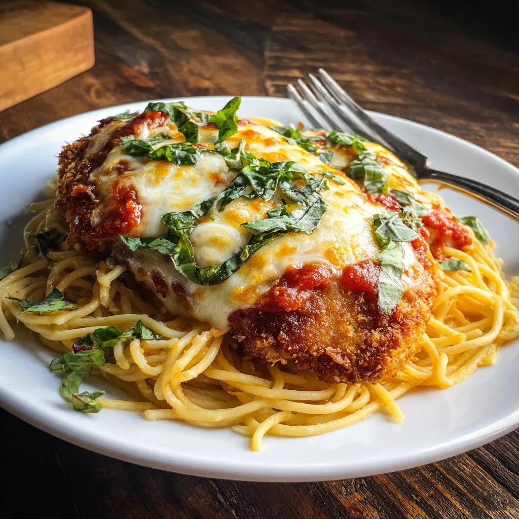 Air fryer chicken parmesan with golden crispy breading topped with melted cheese and marinara