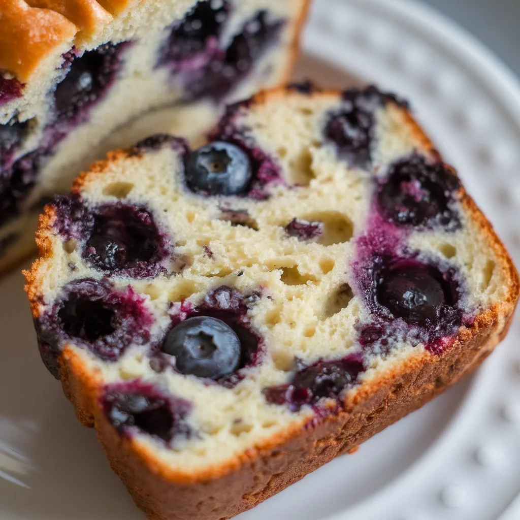 Blueberry cream cheese bread sliced to show creamy swirl and fresh blueberries
