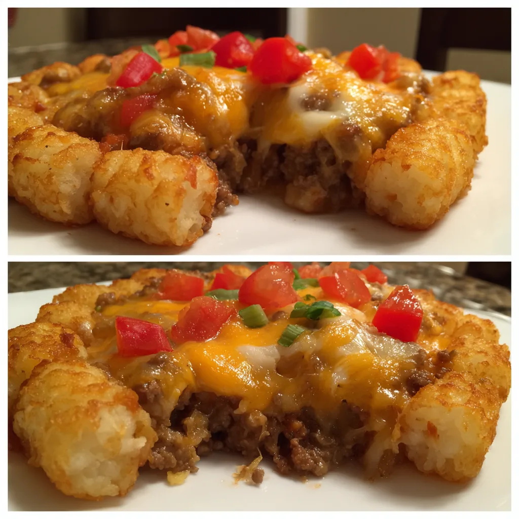 Cheeseburger tater tot casserole with melted cheddar cheese and crispy golden tater tots