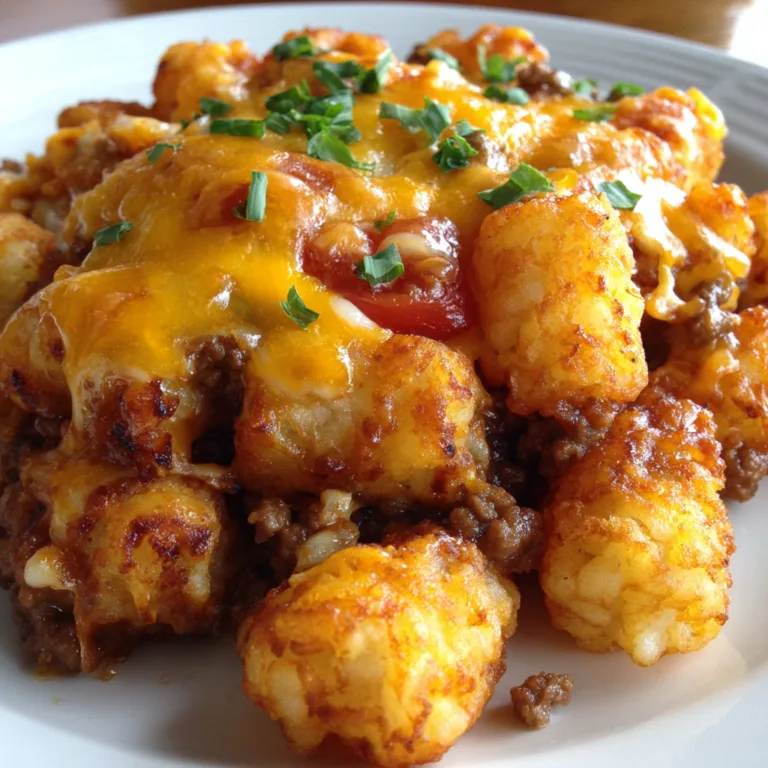 Cheeseburger tater tot casserole with melted cheddar cheese and crispy golden tater tots
