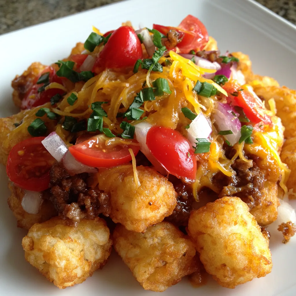 Cheeseburger tater tot casserole with melted cheddar cheese and crispy golden tater tots