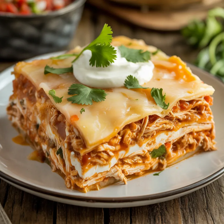 Chicken tortilla casserole in 9x13 baking dish with golden melted cheese on top, layers visible