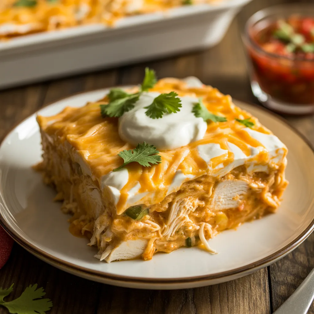 Chicken Tortilla Casserole (Layer + Bake) (2) Chicken tortilla casserole in 9x13 baking dish with golden melted cheese on top, layers visible
