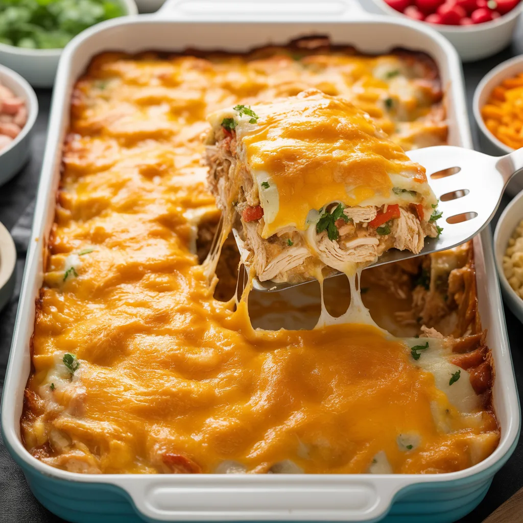 Chicken Tortilla Casserole (Layer + Bake) (3) Chicken tortilla casserole in 9x13 baking dish with golden melted cheese on top, layers visible