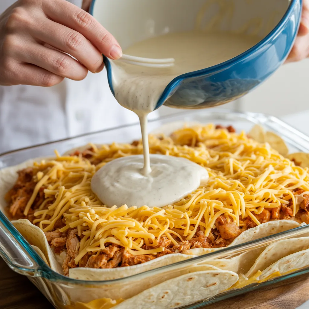 Chicken tortilla casserole in 9x13 baking dish with golden melted cheese on top, layers visible