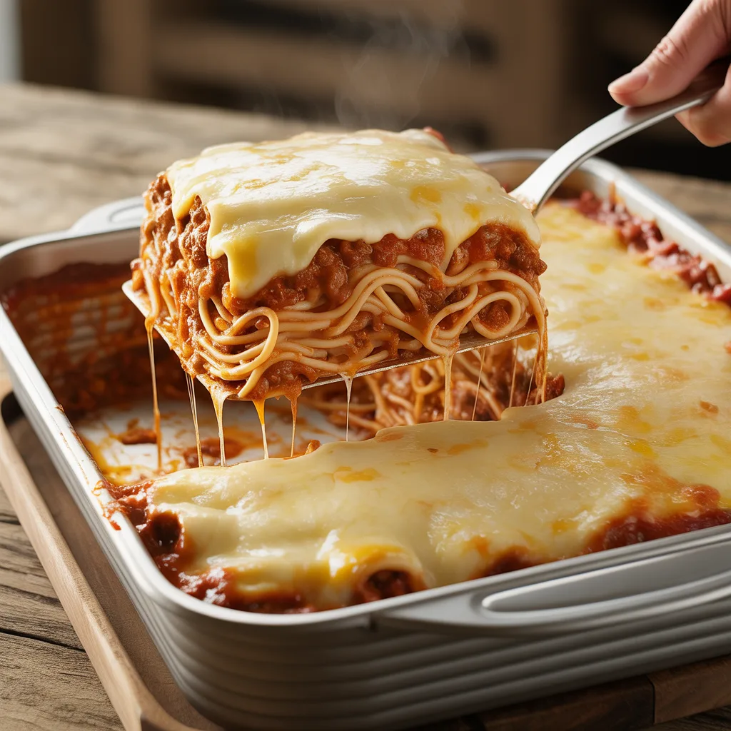 Creamy baked spaghetti casserole in 9x13 dish with golden melted cheese, meat sauce, and pasta layers visible