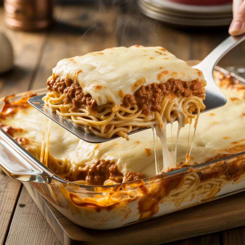 Creamy Baked Spaghetti Casserole (Crowd-Pleaser) (2) Creamy baked spaghetti casserole in 9x13 dish with golden melted cheese, meat sauce, and pasta layers visible