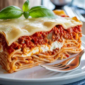 Creamy baked spaghetti casserole in 9x13 dish with golden melted cheese, meat sauce, and pasta layers visible