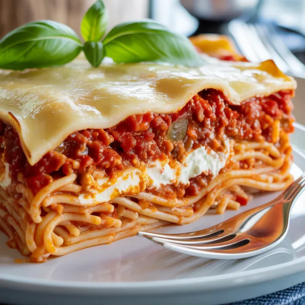 Creamy baked spaghetti casserole in 9x13 dish with golden melted cheese, meat sauce, and pasta layers visible