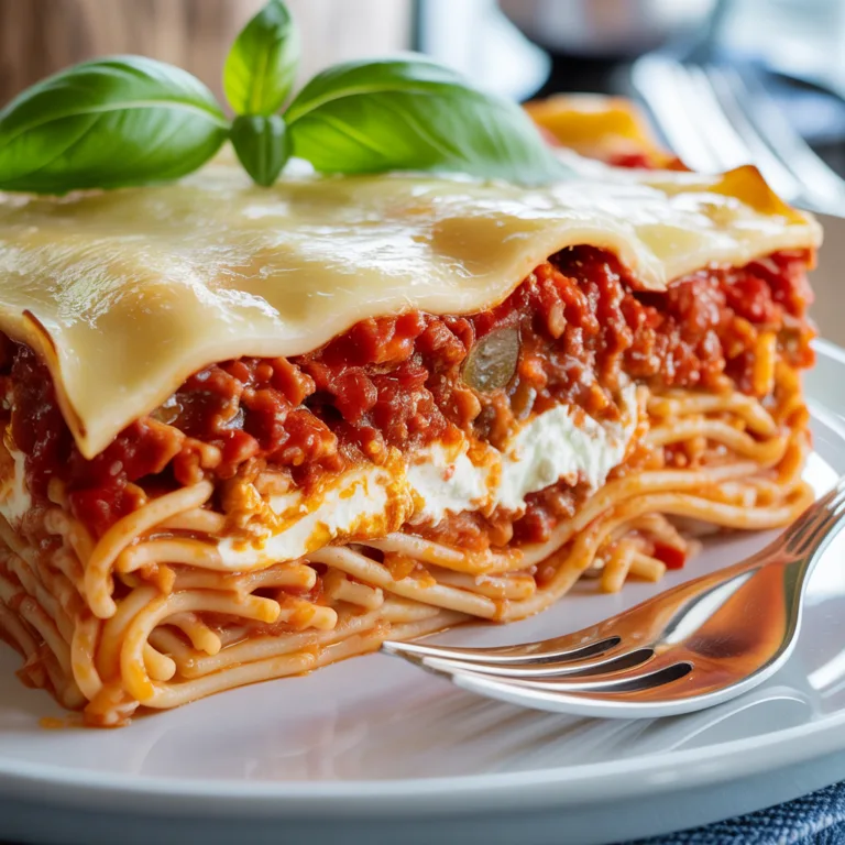 Creamy baked spaghetti casserole in 9x13 dish with golden melted cheese, meat sauce, and pasta layers visible