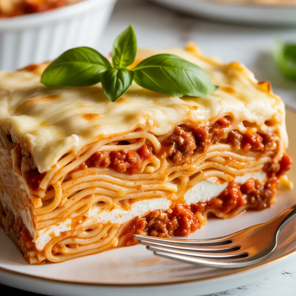 Creamy Baked Spaghetti Casserole (Crowd-Pleaser) (4) Creamy baked spaghetti casserole in 9x13 dish with golden melted cheese, meat sauce, and pasta layers visible