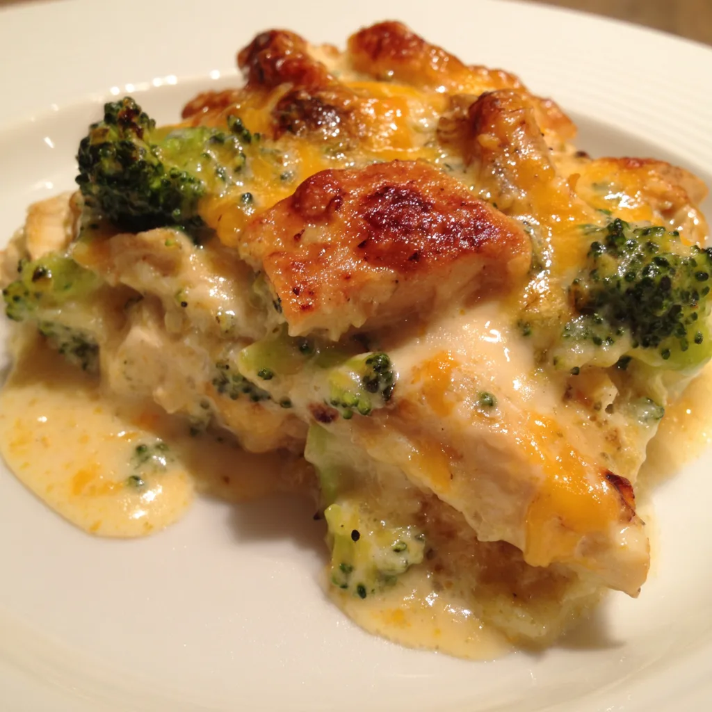 Creamy Chicken & Broccoli Casserole (2) Creamy chicken and broccoli casserole with rice and melted cheese in baking dish